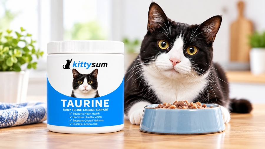 Best taurine supplement for cats demonstration for cat owners: a taurine tub beside a tuxedo cat behind a blue bowl of wet food