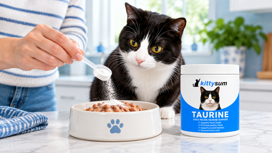 How to add taurine to cat food demonstration for cat owners: a hand sprinkling powder from a scoop onto wet food as a cat watches
