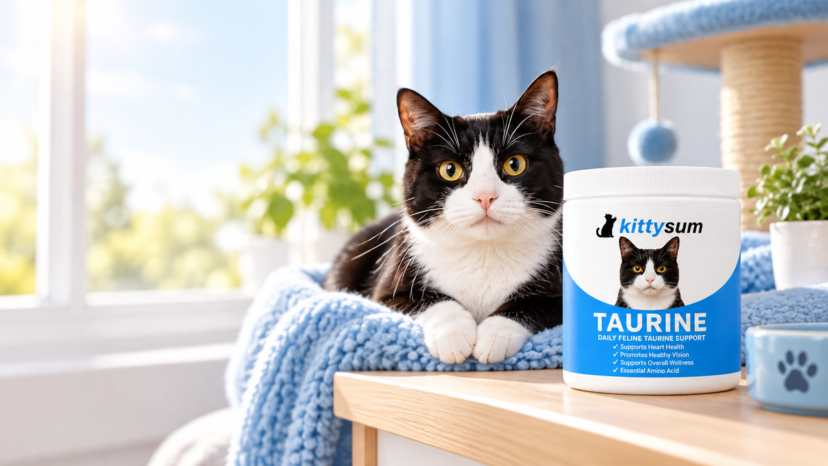 Where to buy taurine for cats demonstration for cat owners: a cat on a blue blanket by a sunny window with a taurine tub on a side table