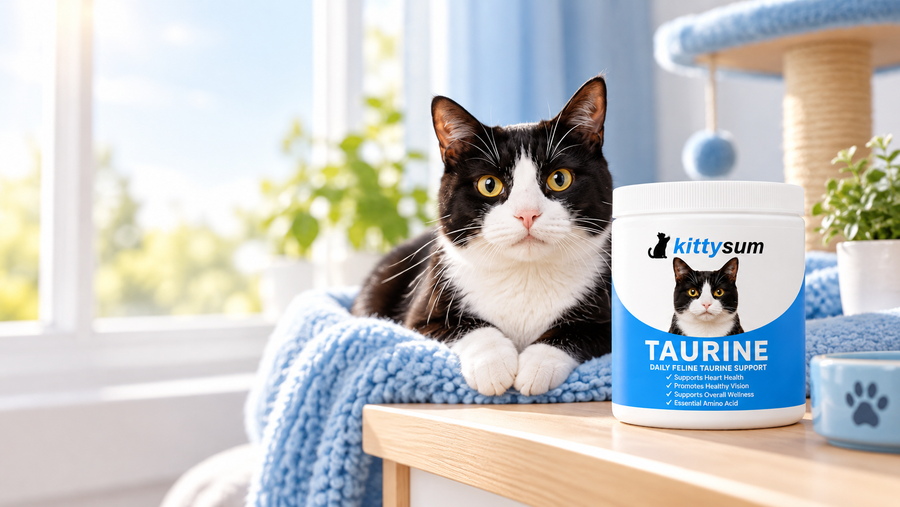 Where to buy taurine for cats demonstration for cat owners: a cat on a blue blanket by a sunny window with a taurine tub on a side table