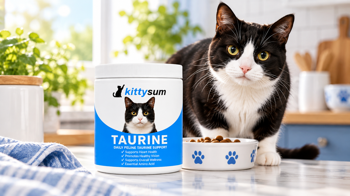 Taurine in dry cat food demonstration for cat owners: a cat beside a paw-print bowl of dry kibble with a taurine tub in front