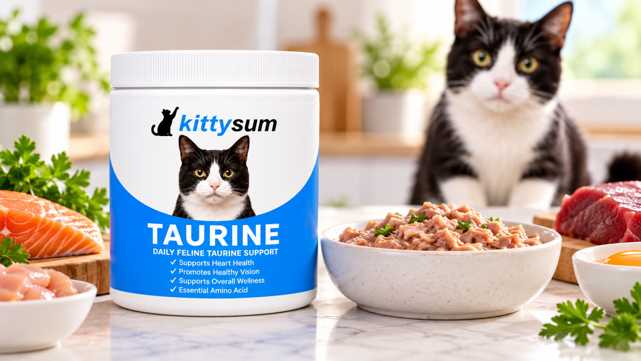 Pure taurine for cats demonstration for cat owners: a cat behind a paw bowl of kibble on a mat with a taurine tub beside it