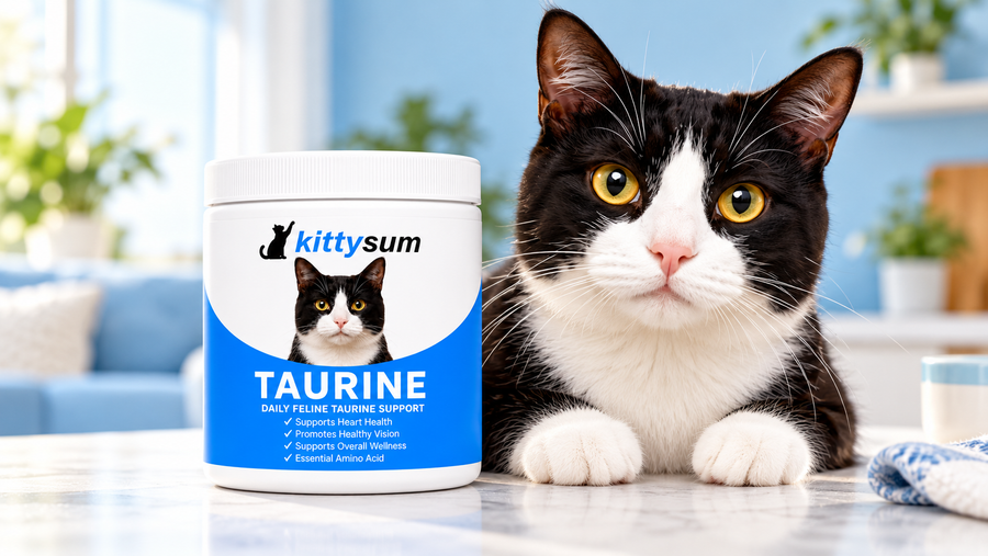 Taurine deficiency in cats demonstration for cat owners: a black and white cat beside a taurine jar