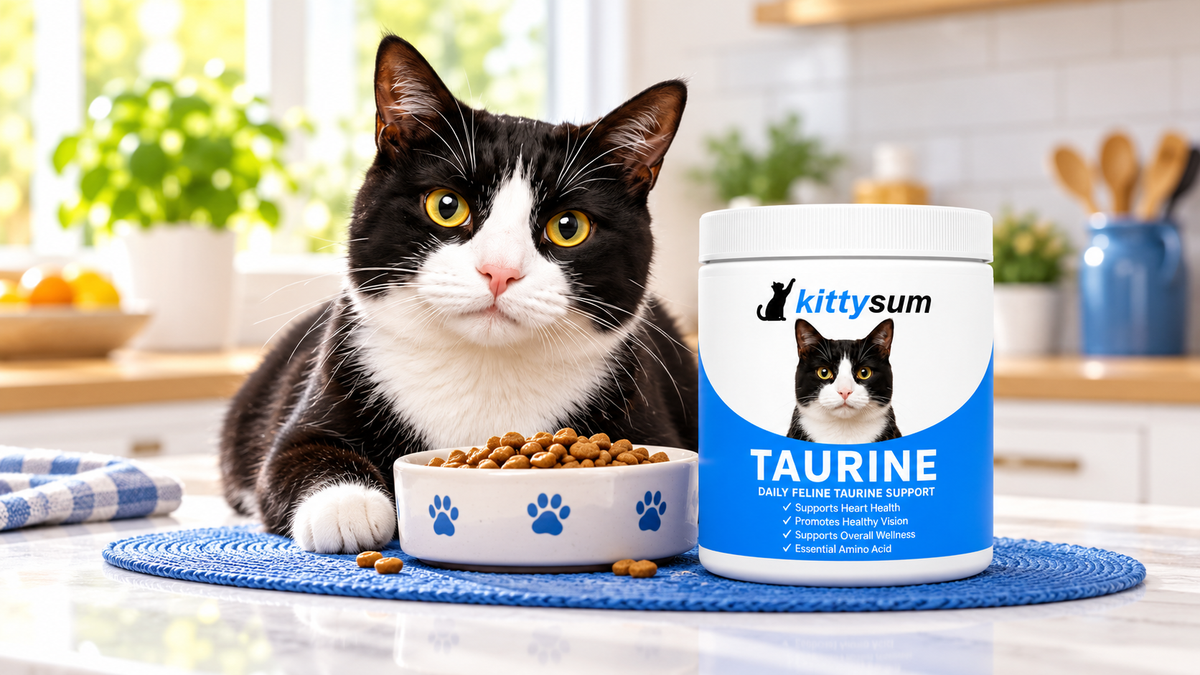 Natural taurine supplement for cats demonstration for cat owners: a cat beside a food bowl and a taurine jar