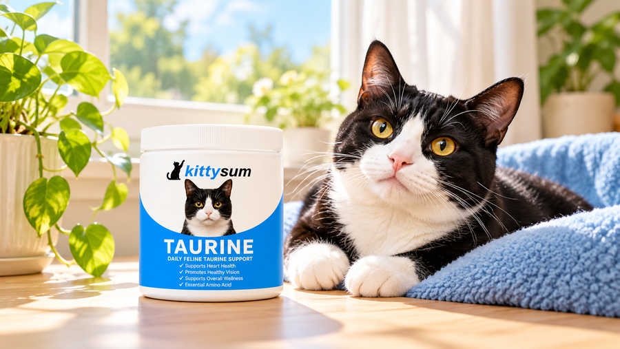 Taurine benefits for cats demonstration for cat owners: a cat resting in the sun beside a taurine jar