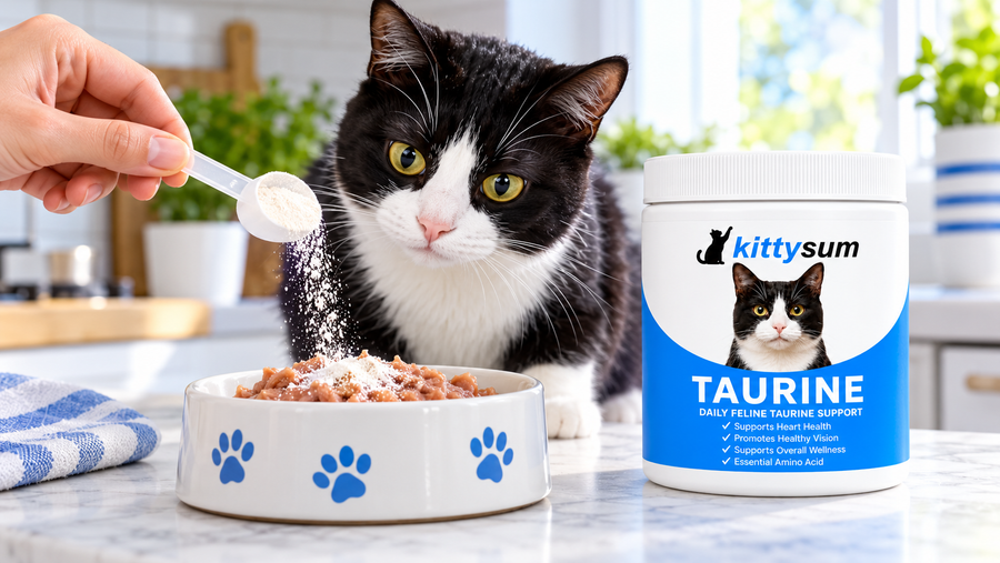 Taurine treats for cats demonstration for cat owners: a scoop of taurine powder going into wet food