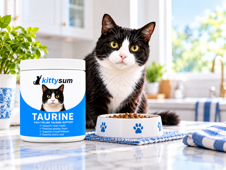 Human taurine for cats demonstration for cat owners: a cat beside a taurine jar made for pets