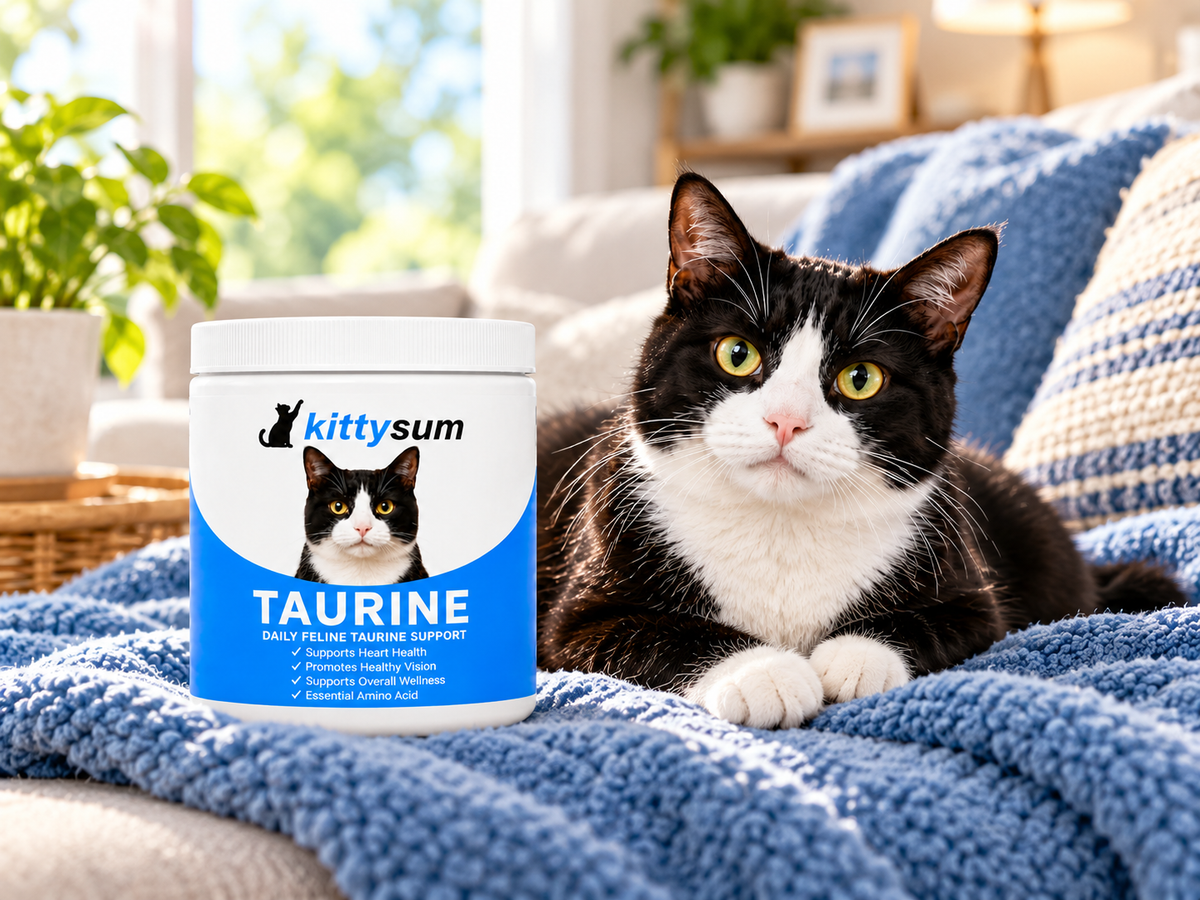 Taurine for kittens demonstration for cat owners: a young kitten beside a taurine jar