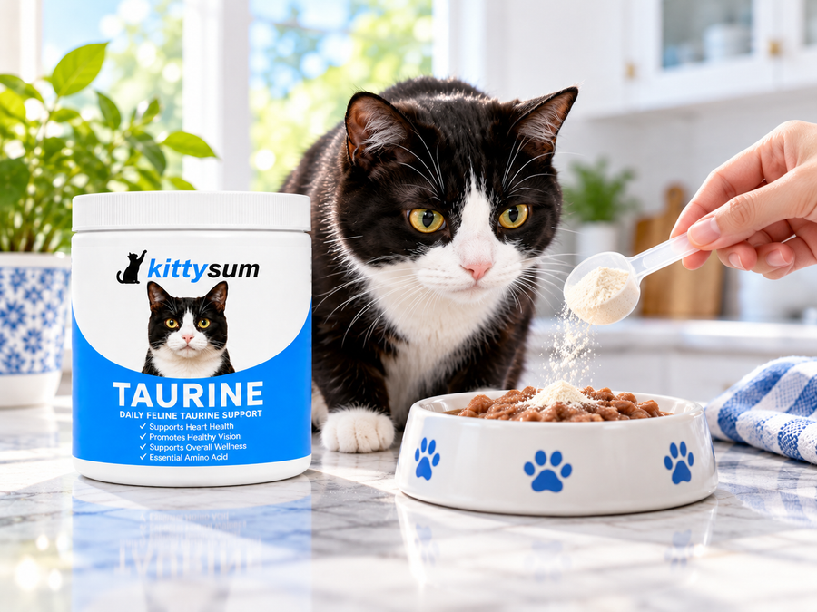 Taurine for cat heart health demonstration for cat owners: a cat resting beside a taurine jar