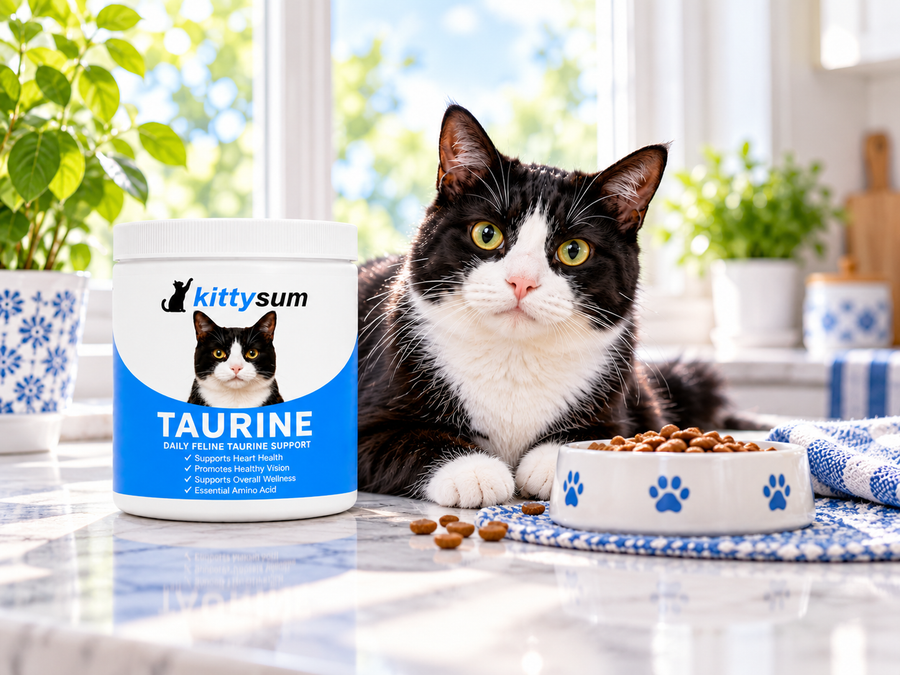Taurine for cat eye health demonstration for cat owners: a cat with bright eyes beside a taurine jar