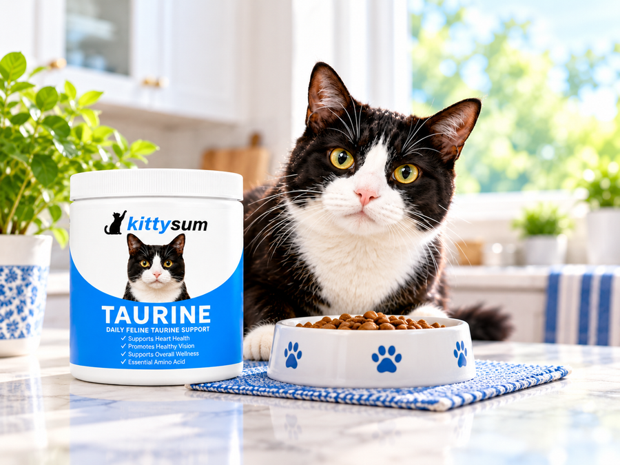 Chicken flavored taurine for cats demonstration for cat owners: a cat beside a taurine jar and a food bowl