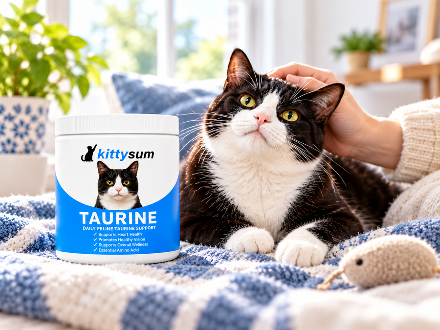 Taurine per pound of cat food demonstration for cat owners: a scoop of taurine powder beside a bowl of wet food