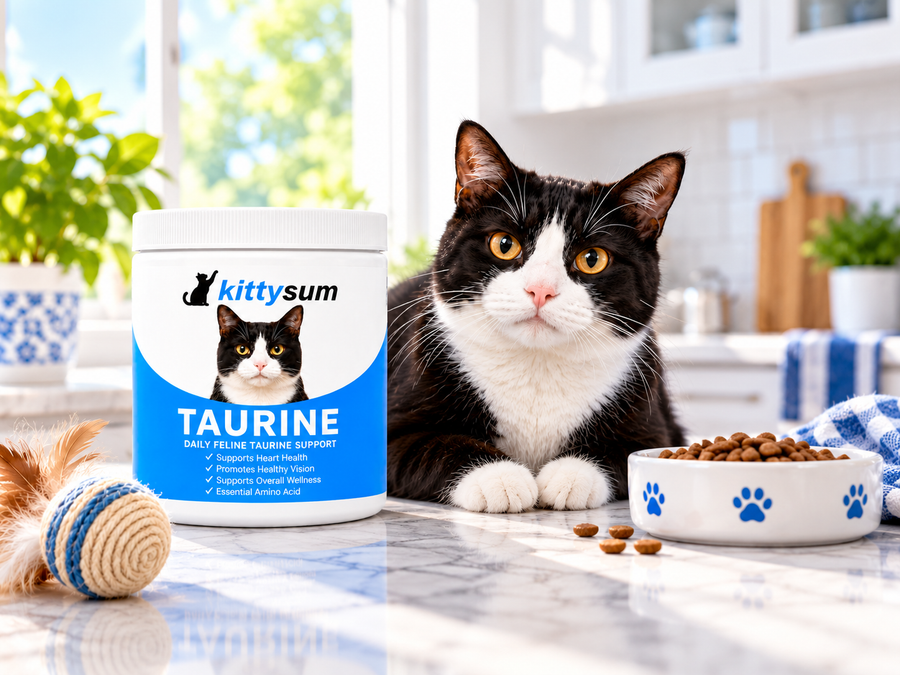 Taurine for pregnant cats demonstration for cat owners: a cat resting on a soft blanket beside a taurine jar