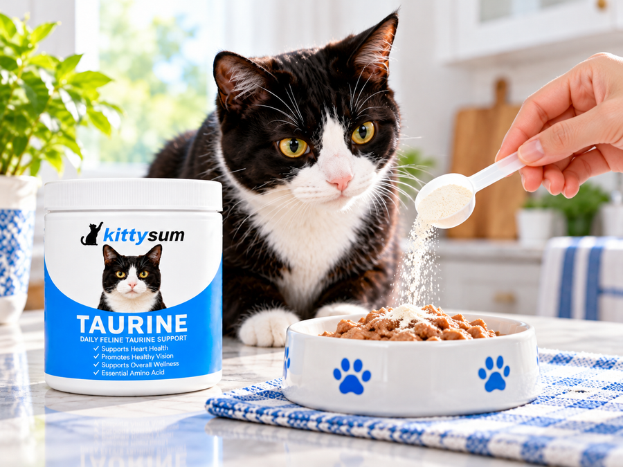 Taurine powder vs pills for cats demonstration for cat owners: a scoop of taurine powder beside a cat bowl