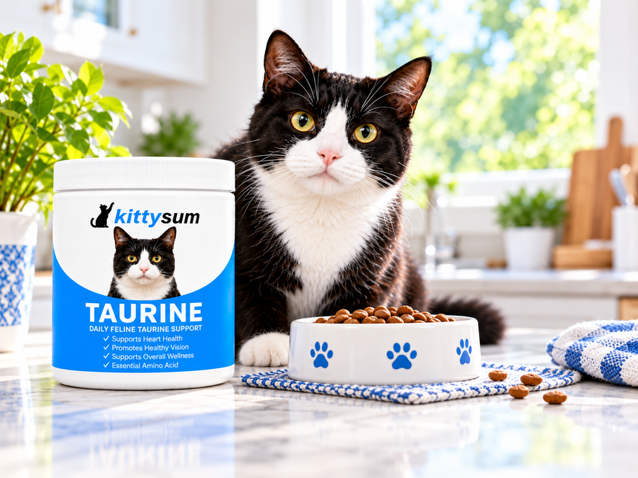 Taurine for Maine Coon cats demonstration for cat owners: a large long-haired cat beside a taurine jar