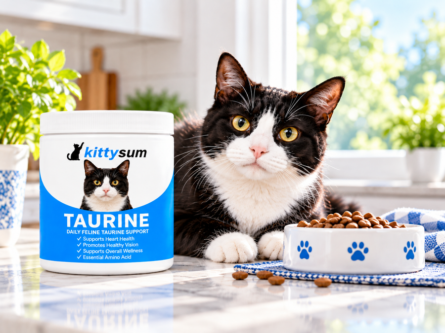 Taurine in chicken for cats demonstration for cat owners: a cat beside a food bowl and a taurine jar