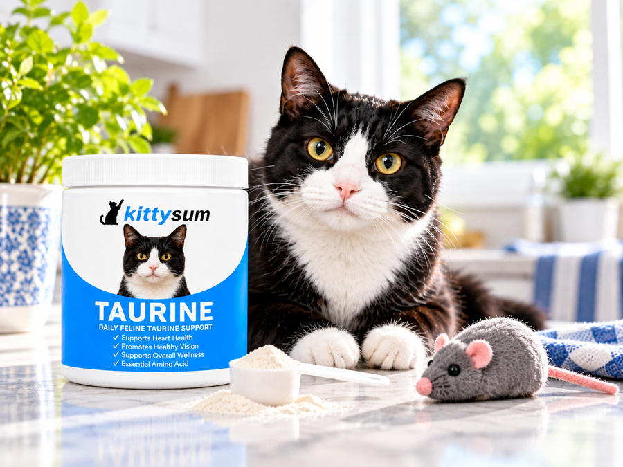 Taurine for feral cats demonstration for cat owners: a cat sitting beside a food bowl and a taurine jar