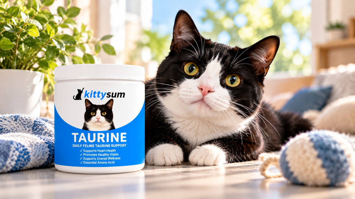Taurine in wet cat food demonstration for cat owners: a tuxedo cat beside a taurine tub and a toy ball