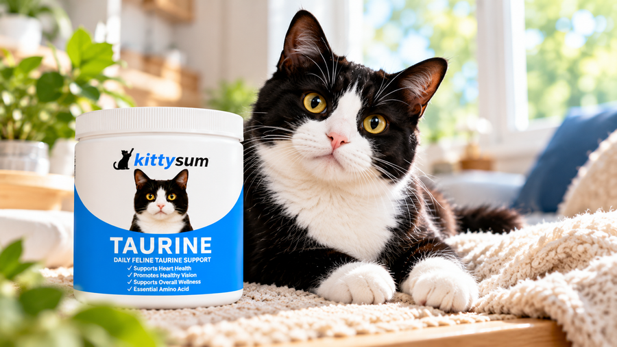 Taurine for Bengal cats demonstration for cat owners: a cat resting on a rug beside a taurine tub