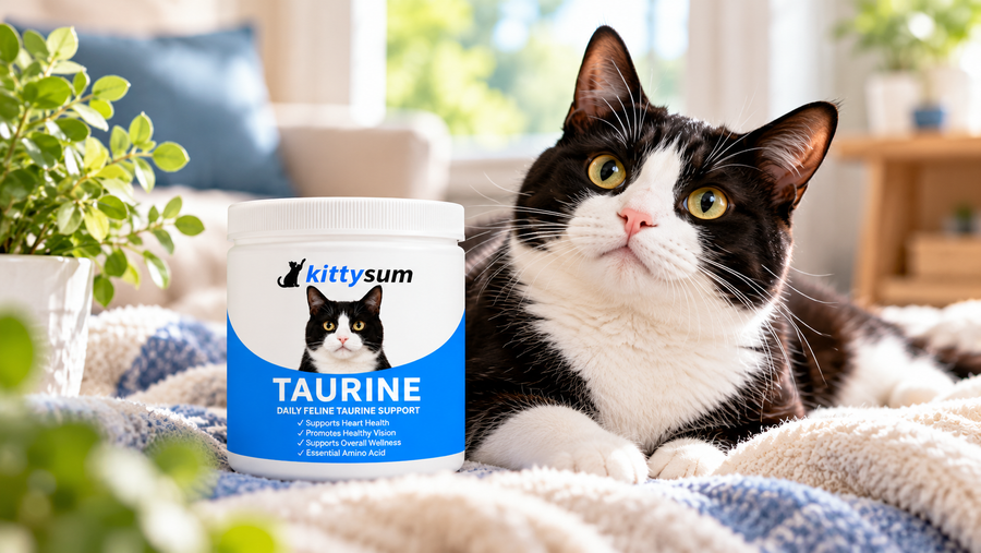 Cat food with DHA demonstration for cat owners: a tuxedo cat beside a Kittysum supplement tub at home
