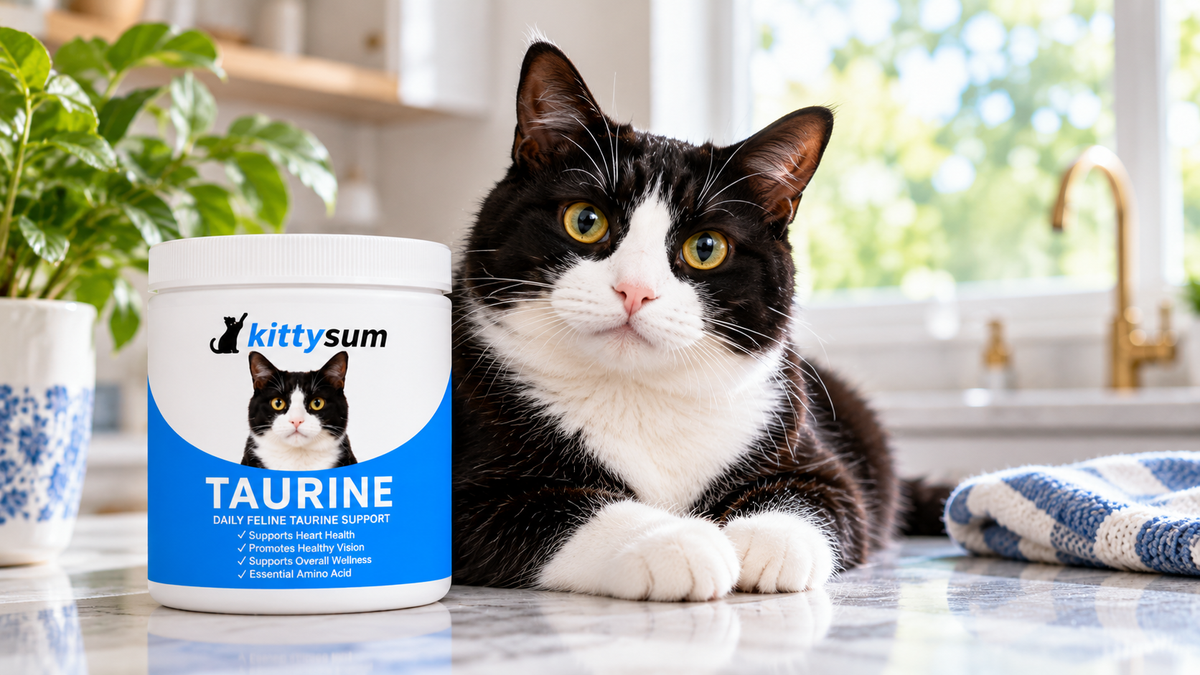 Supplements for FIV cats demonstration for cat owners: a tuxedo cat beside a Kittysum supplement tub at home