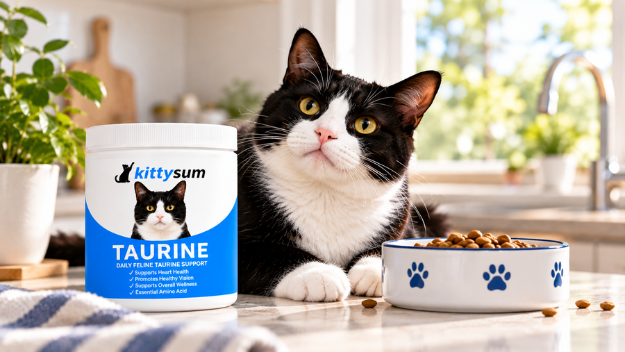 Kitten supplements demonstration for cat owners: a tuxedo cat beside a Kittysum supplement tub at home