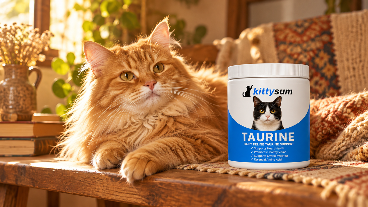 Cooked eggs for cats demonstration for cat owners: a ginger cat resting beside a Kittysum taurine tub