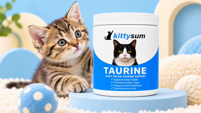 Can kittens eat eggs demonstration for cat owners: a tabby kitten beside a Kittysum taurine tub