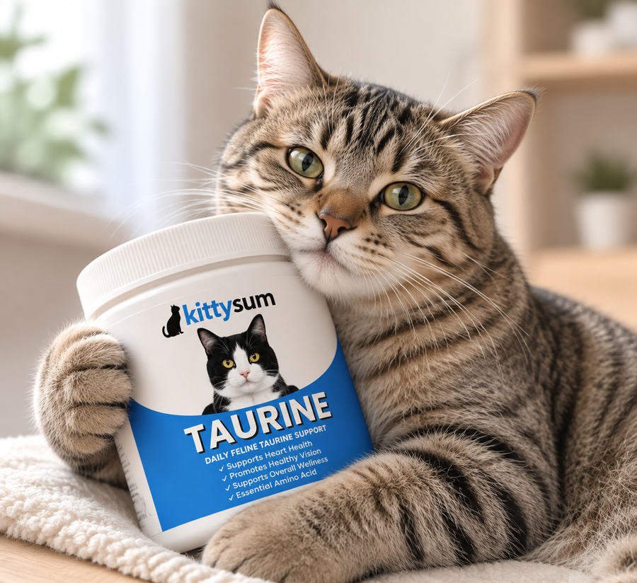 Liquid taurine for cats demonstration for cat owners: a tabby cat hugging a taurine jar