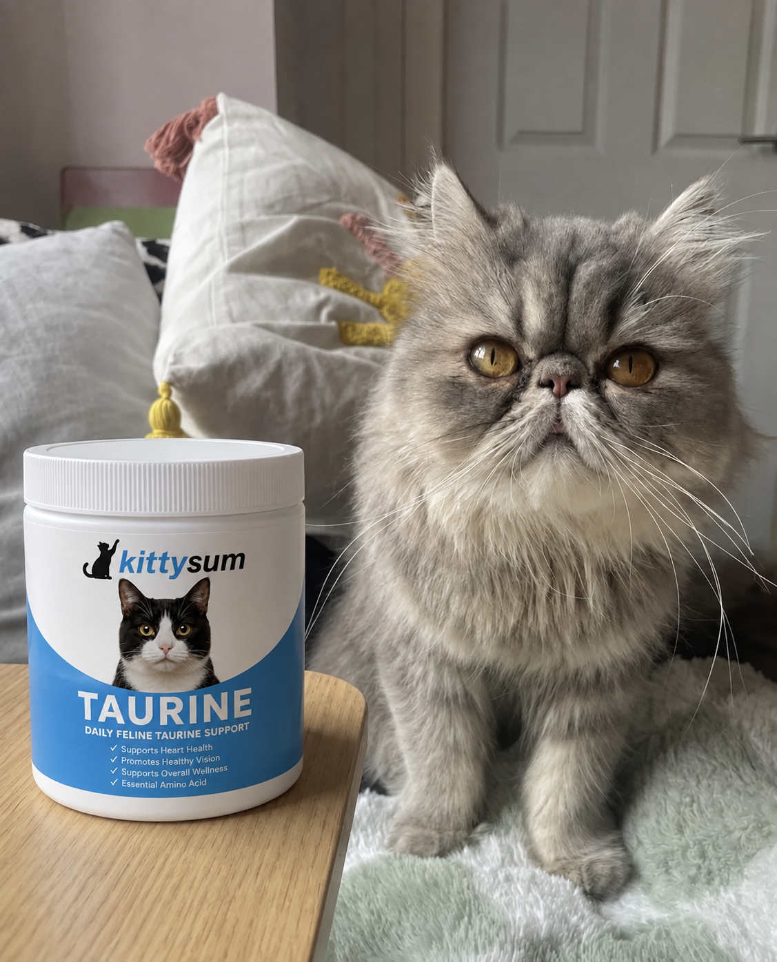 Brushing your cat demonstration for cat owners: featured image for the brushing your cat guide, a long-haired Persian cat beside a Kittysum tub