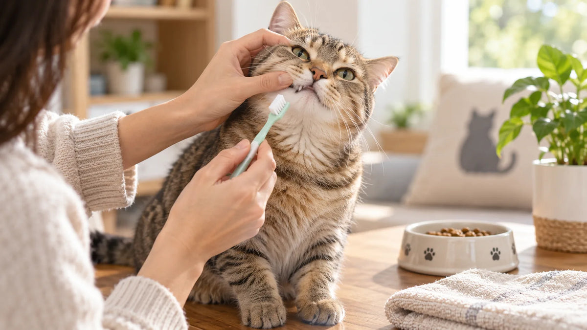 Cat owner gently introducing a toothbrush during an at-home dental care routine