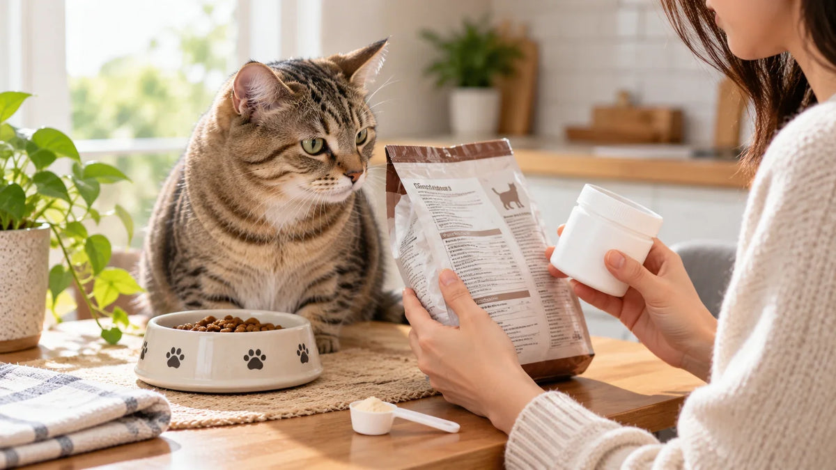 Cat owner comparing a cat food label and supplement container beside a tabby cat