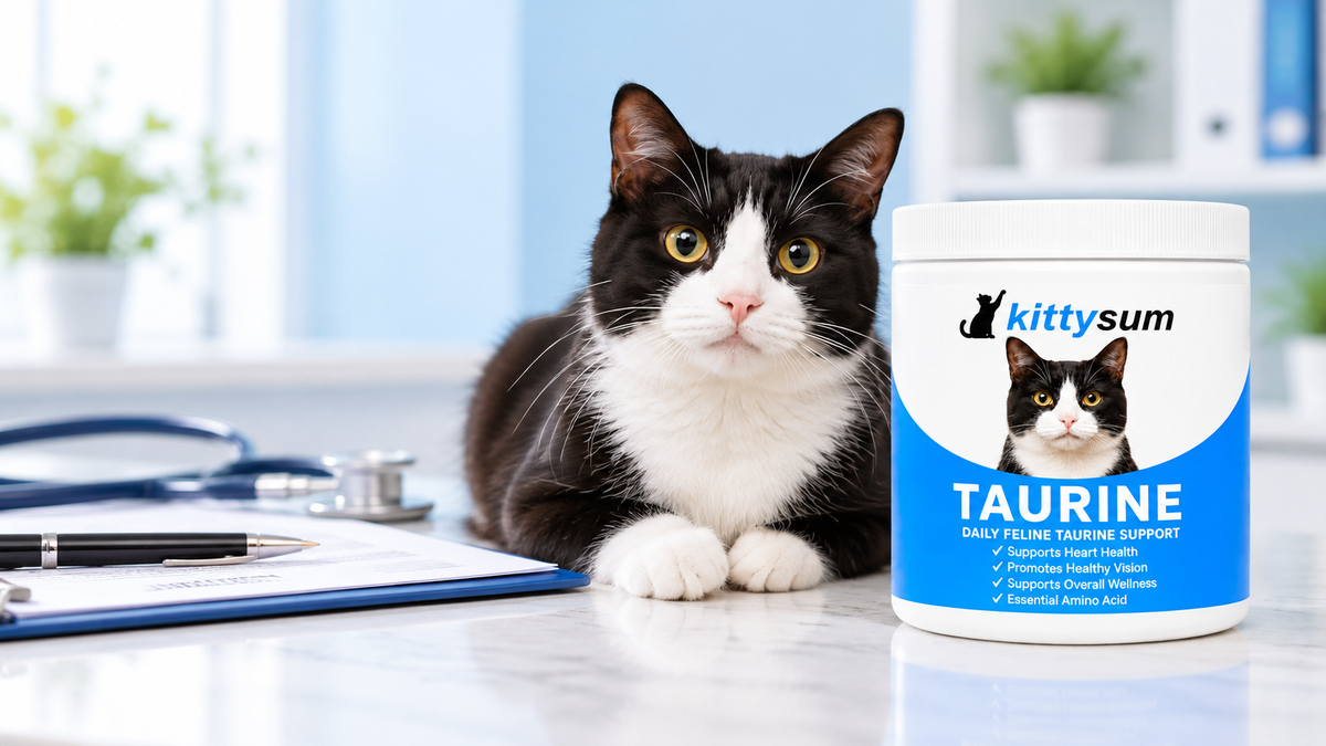 Do cats need taurine supplements demonstration for cat owners: a cat at a vet desk with a stethoscope, clipboard and taurine tub