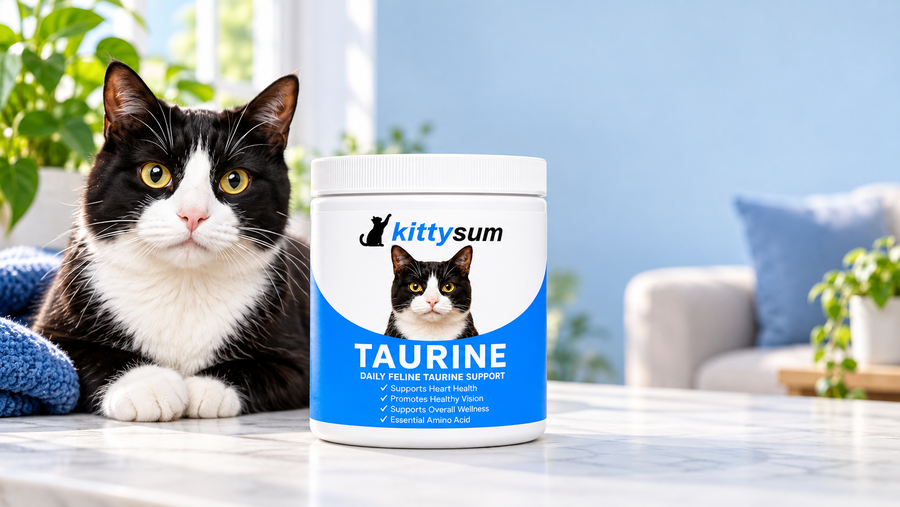Is taurine safe for cats demonstration for cat owners: a cat resting on a blanket beside a taurine tub in a bright living room