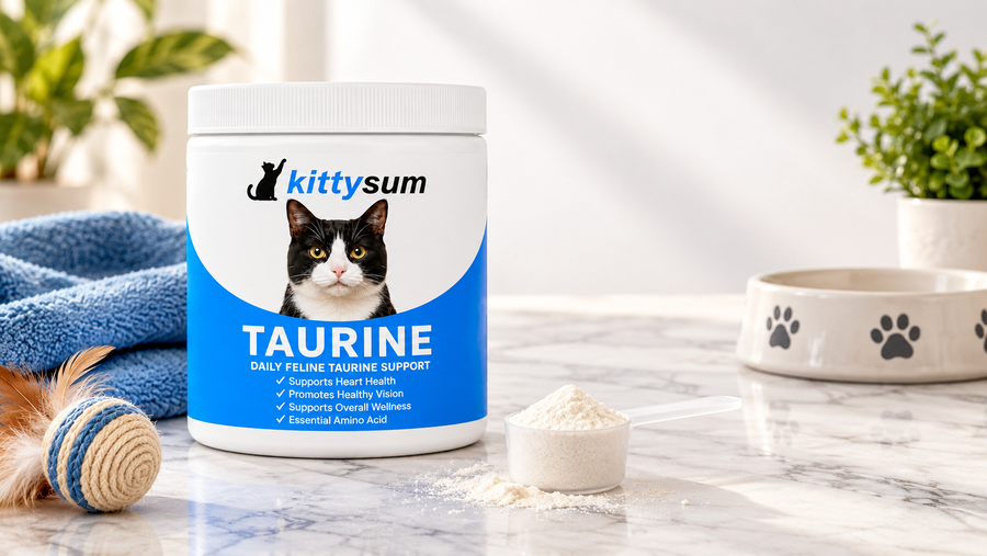 Taurine powder for cats demonstration for cat owners: a taurine tub with a measuring scoop of white powder on a marble counter