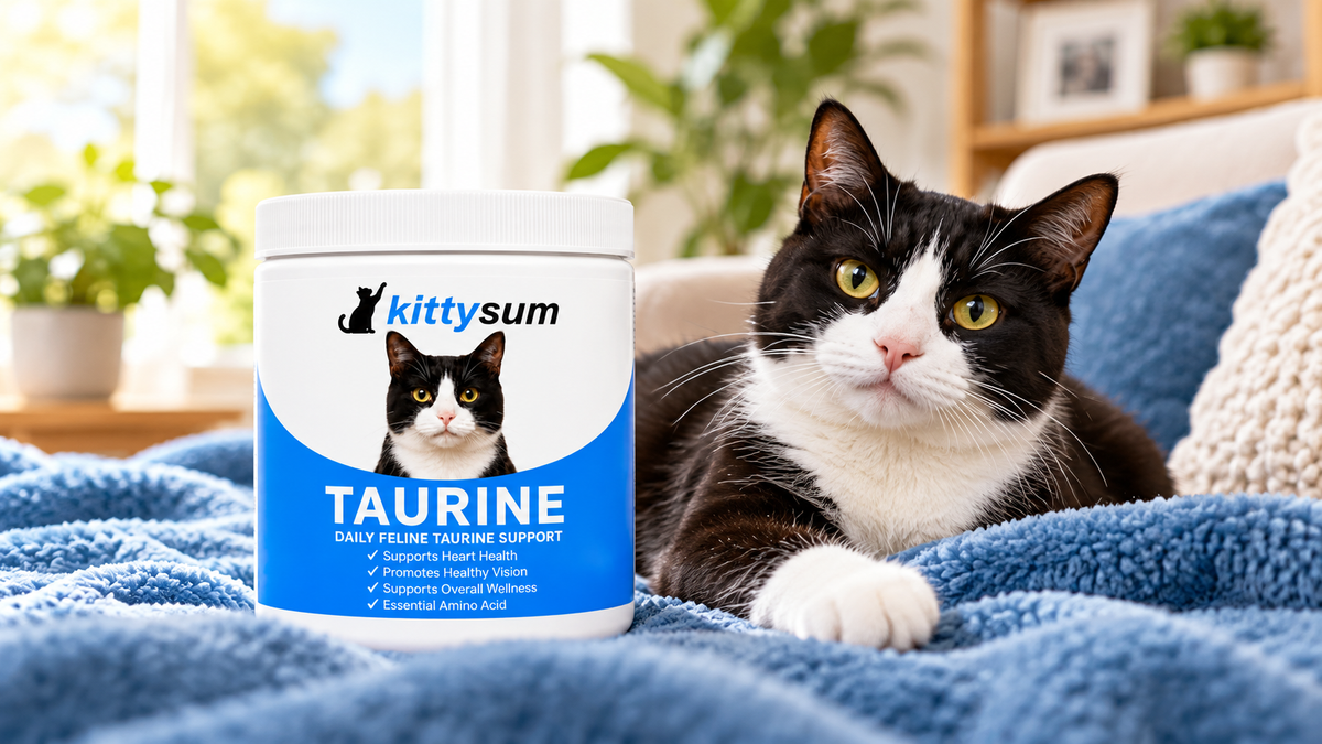 Taurine vs lysine for cats demonstration for cat owners: a cat lying on a blue blanket beside a taurine tub on a sofa