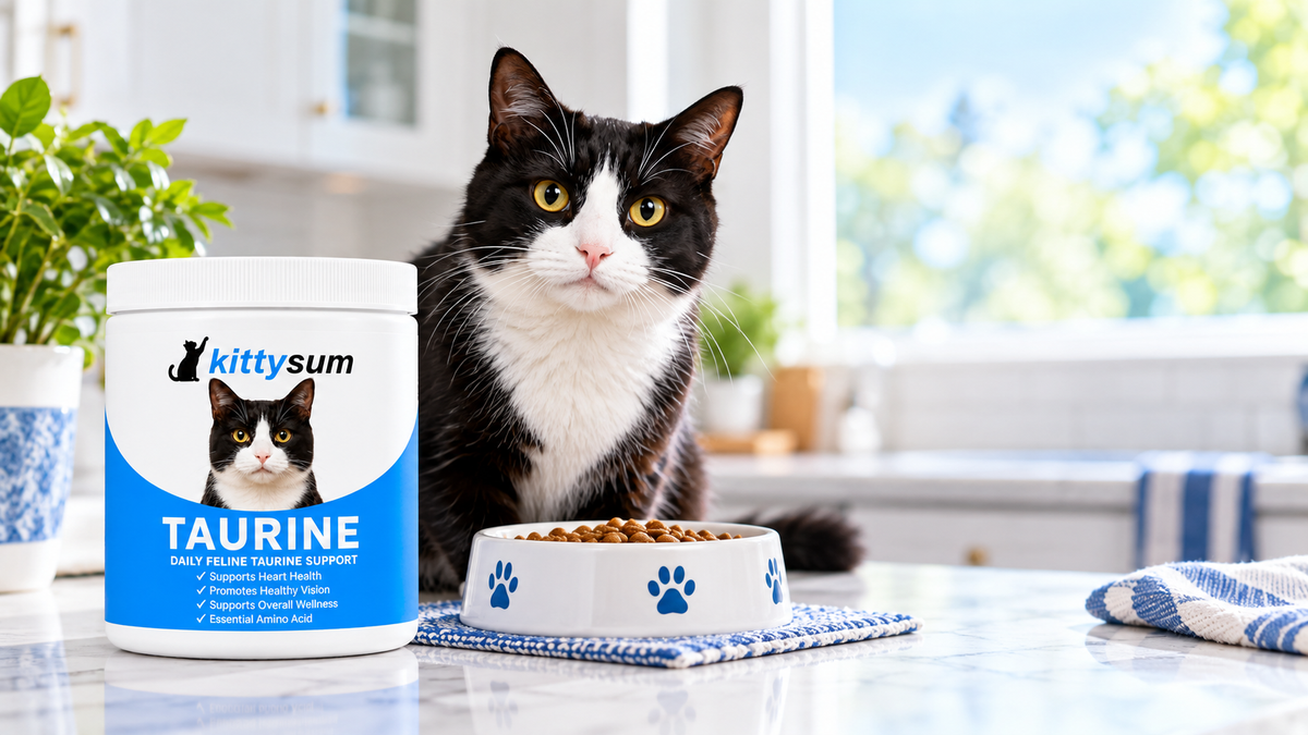 Taurine for homemade cat food demonstration for cat owners: raw salmon, chicken, beef and an egg beside a bowl of wet food and a taurine tub