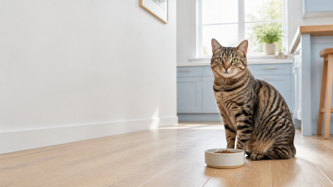 Tabby cat sitting beside a food bowl in a bright blue kitchen
