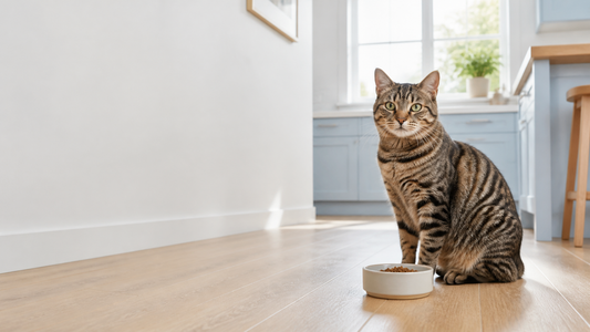 Tabby cat sitting beside a food bowl in a bright blue kitchen