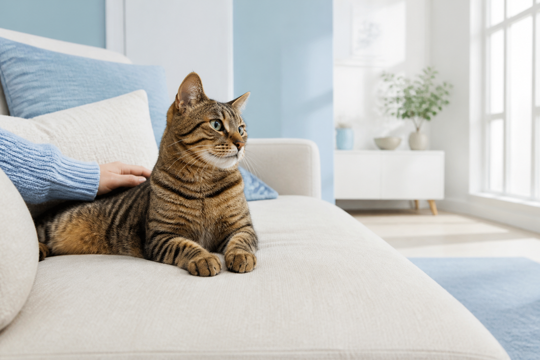 Tabby cat resting on a white sofa while being gently petted
