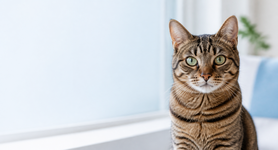 Close-up portrait of a tabby cat in a bright blue and white home