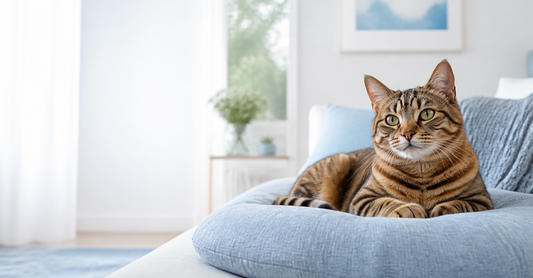 Tabby cat resting on a blue chair in a bright room