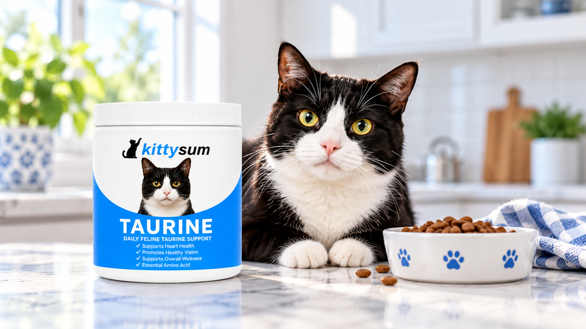 Taurine for cats with kidney disease demonstration for cat owners: a cat beside a taurine jar and a food bowl