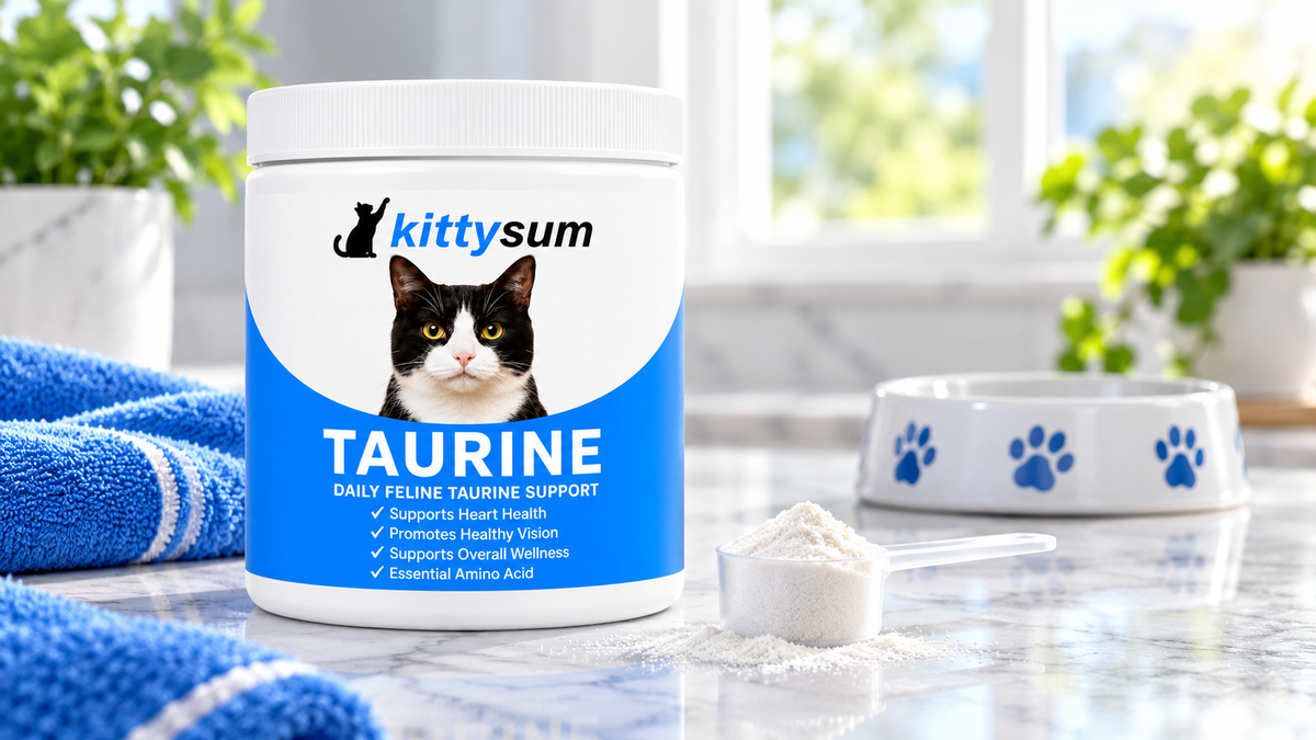 Too much taurine for cats demonstration for cat owners: a taurine jar next to a measuring scoop of powder