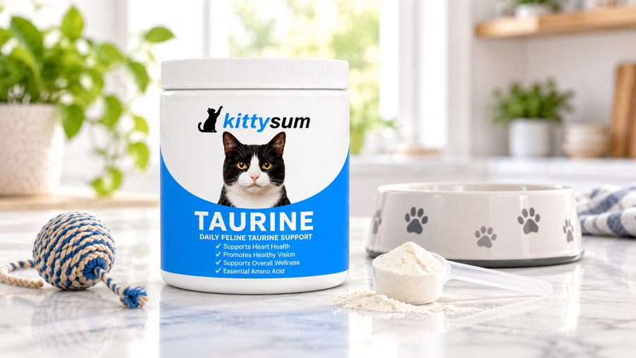 Cat vitamins with taurine demonstration for cat owners: a taurine jar with a measuring scoop and a cat toy