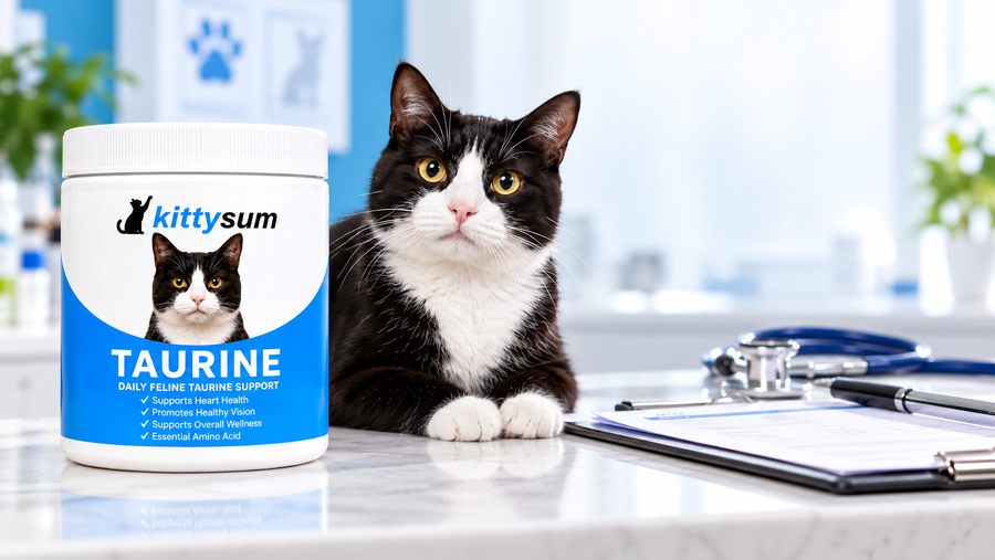 Taurine supplement for cats reviews demonstration for cat owners: a cat beside a taurine jar and a vet clipboard