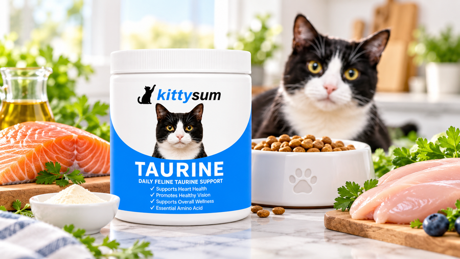 Taurine for raw fed cats demonstration for cat owners: raw salmon and chicken beside a taurine jar and a cat