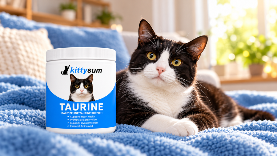 Taurine for senior cats demonstration for cat owners: an older cat resting on a blue blanket beside a taurine jar
