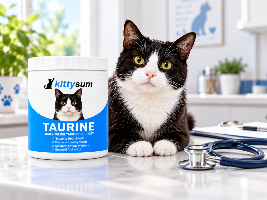 Taurine for picky cats demonstration for cat owners: a cat sniffing a bowl beside a taurine jar