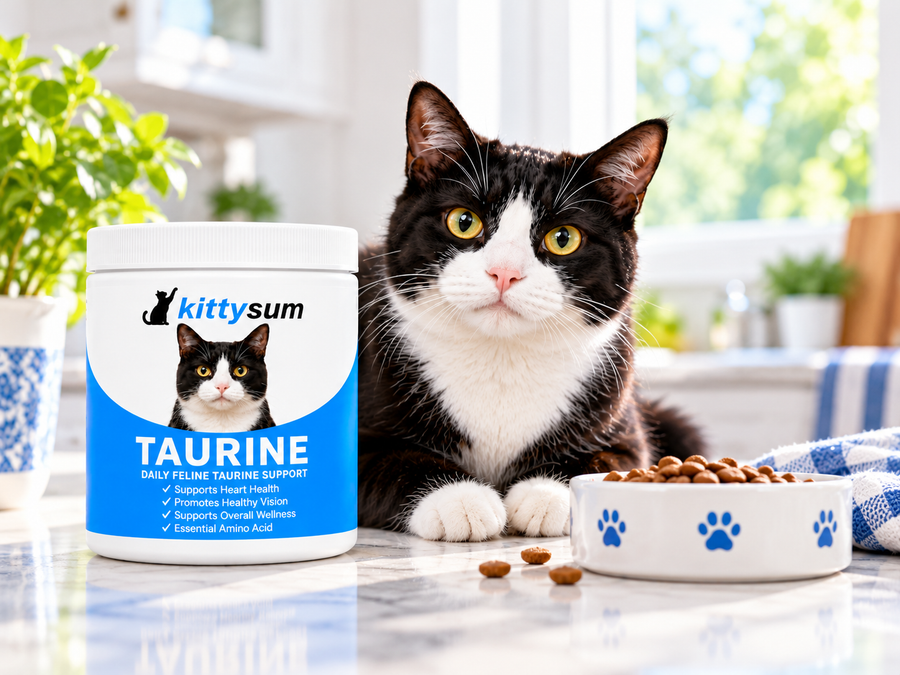 Taurine vs l-carnitine for cats demonstration for cat owners: a cat sitting beside a taurine jar on a kitchen counter